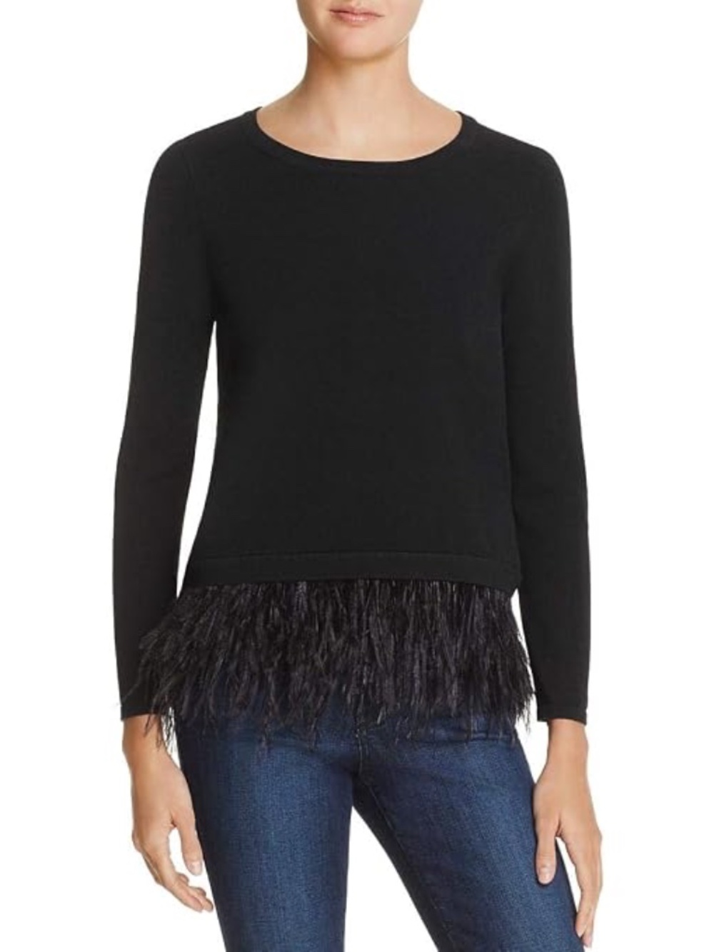 MILLY Black Viscose/Wool Blend Scoop Neck Sweater w/ Feather Trim Hem EUC/sz M